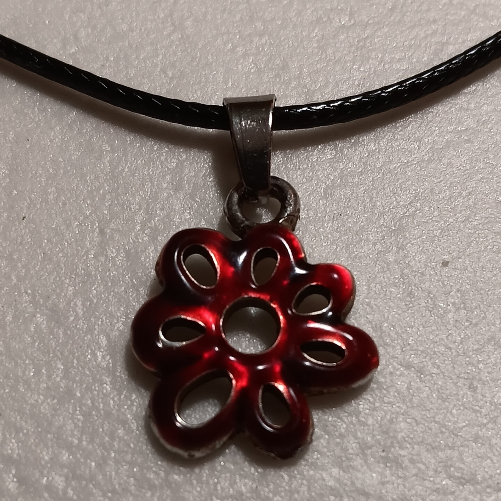 Red Flower Pendant Necklace Handmade With Vintage Pendant